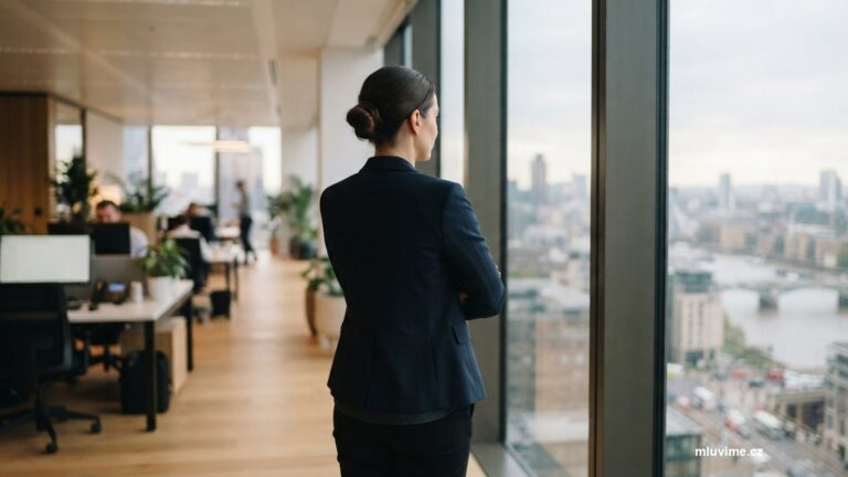 Sebejistá postava u prosvětleného okna kanceláře, pohled zezadu
