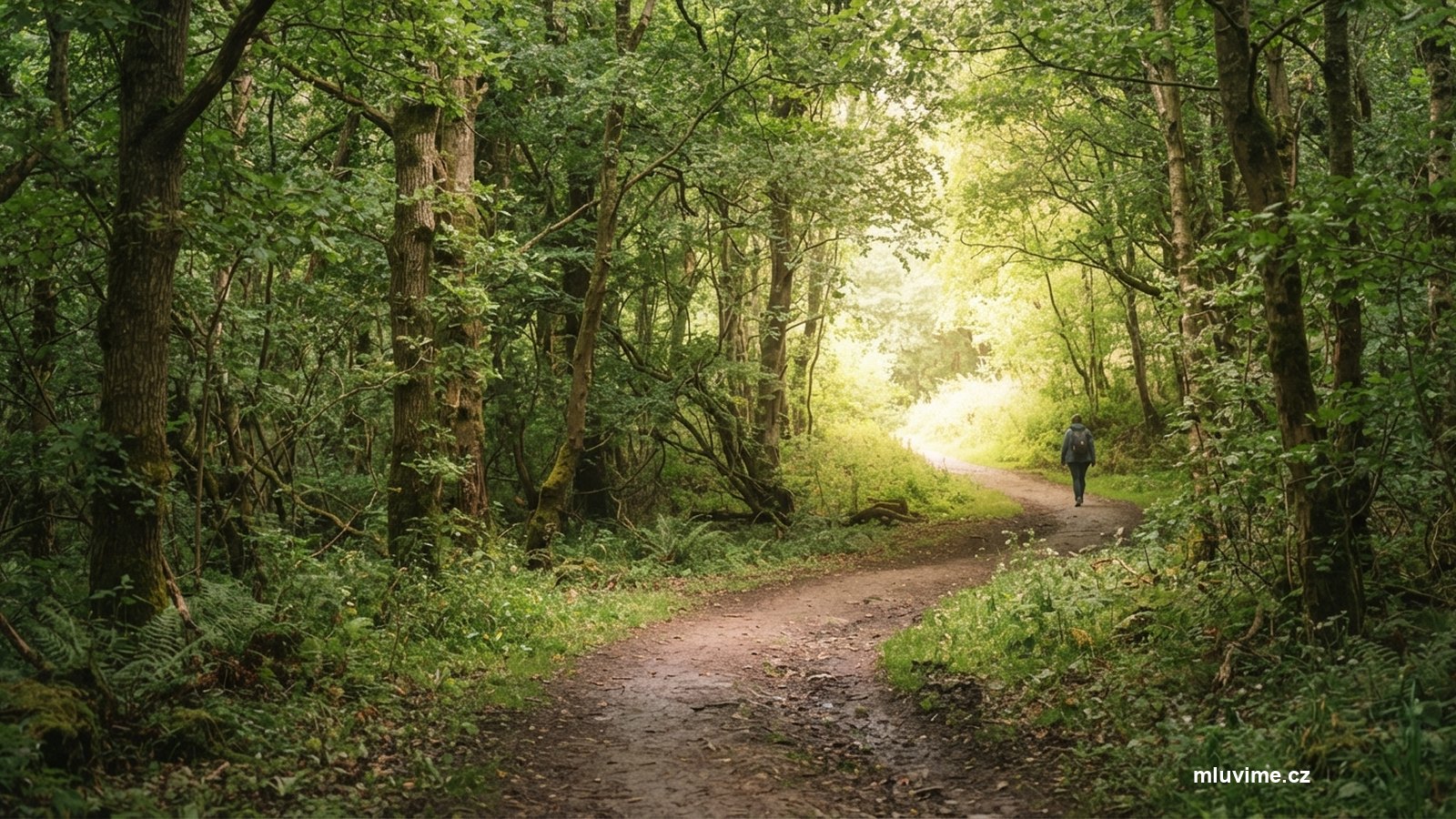 Klikatá lesní cesta zatáčející do světla