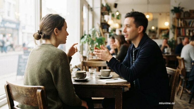 Dva lidé hovoří u kávy v prosvětlené kavárně, pohled z boku