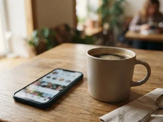 Telefon s rozostřeným sociálním feedem vedle obyčejné kávy na stole