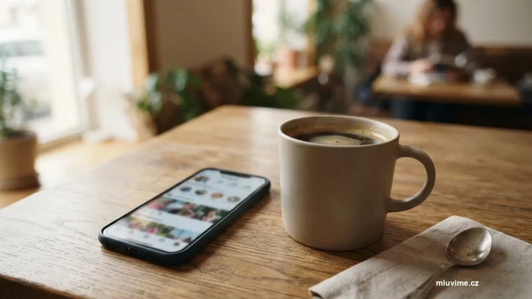 Telefon s rozostřeným sociálním feedem vedle obyčejné kávy na stole