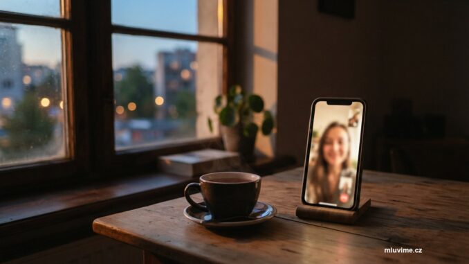 Telefon s videohovorem opřený na stole vedle šálku čaje u okna