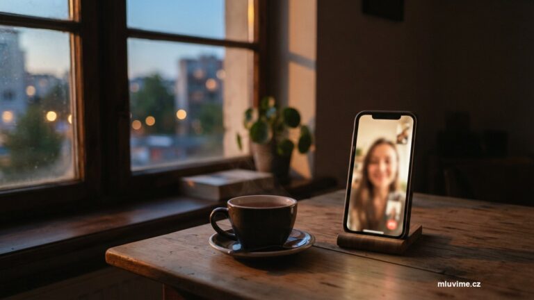 Telefon s videohovorem opřený na stole vedle šálku čaje u okna