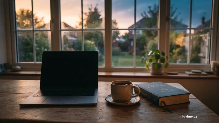 Zavřený notebook s čajem a knihou na stole u okna ve večerním světle