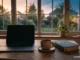 Zavřený notebook s čajem a knihou na stole u okna ve večerním světle