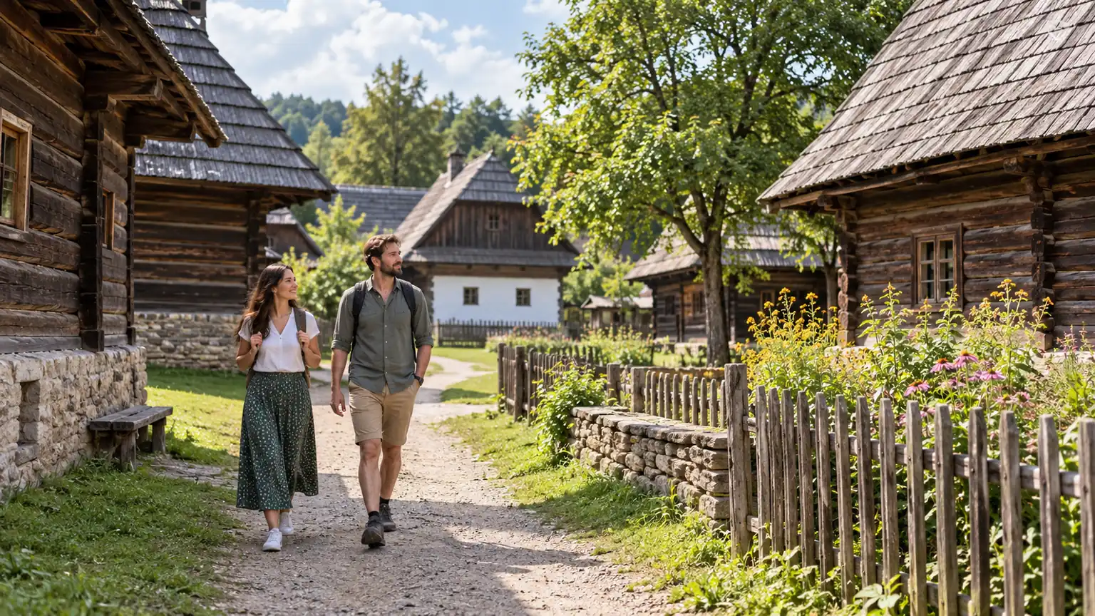 Dva návštěvníci procházejí cestou mezi tradičními dřevěnými stavbami.