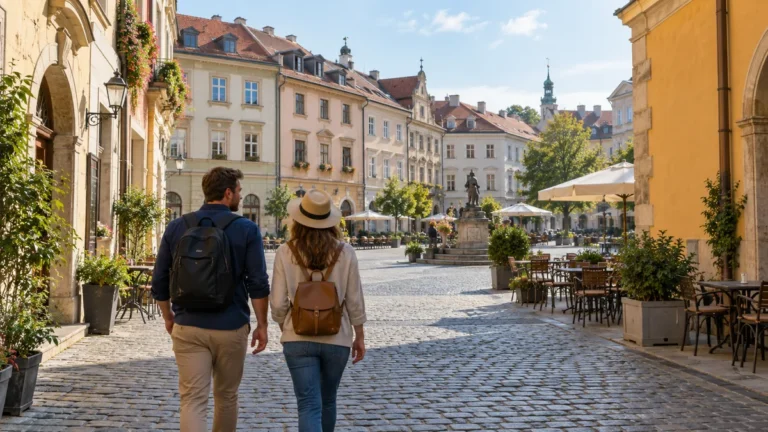 Dva návštěvníci s malými batohy na ulici u historického náměstí