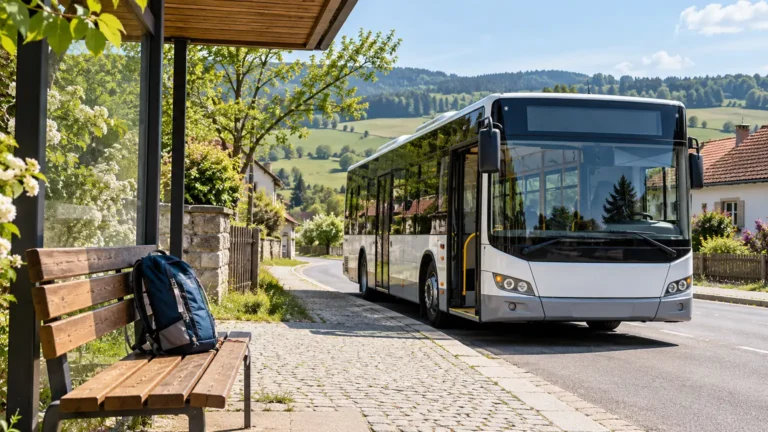 Neoznačený autobus u zastávky na vesnické ulici, batoh na lavičce.
