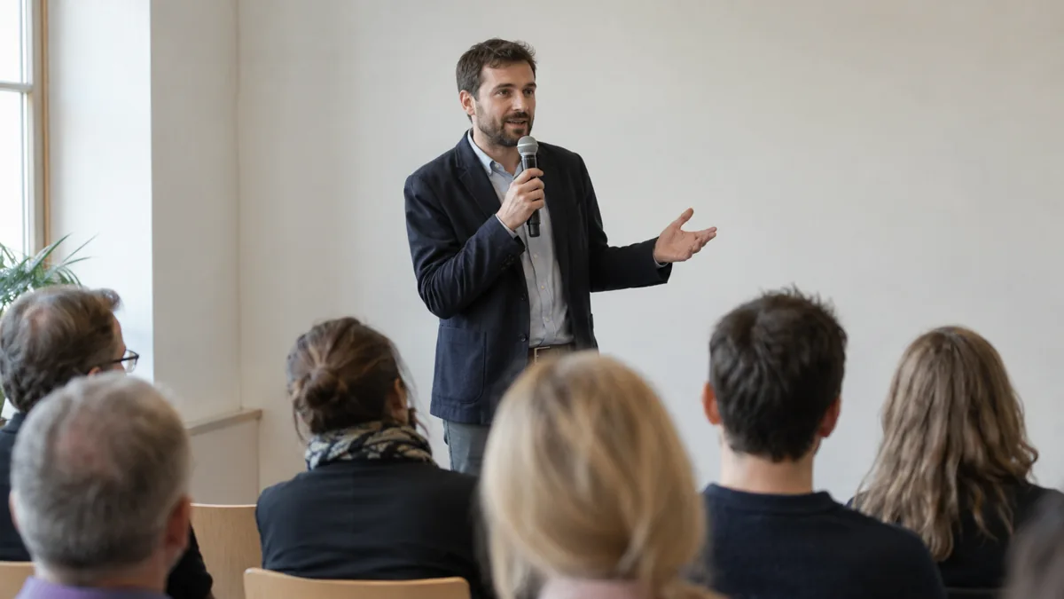 Moderátor s mikrofonem oslovuje účastníky v seminární místnosti