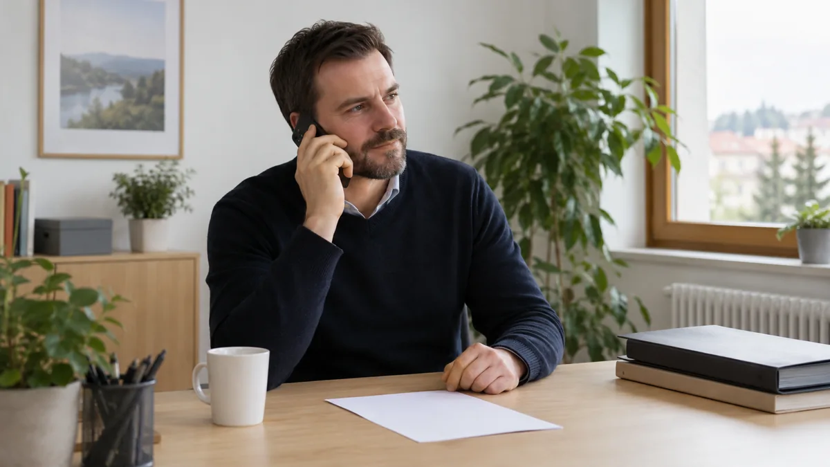 Muž při klidném telefonátu v kanceláři