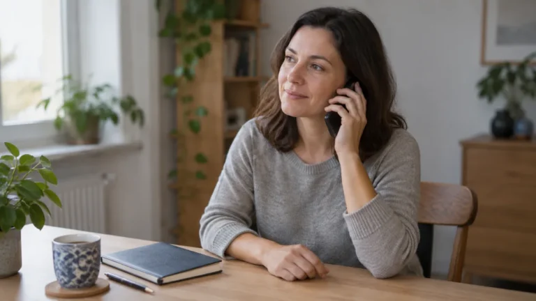Žena telefonuje u domácího pracovního stolu