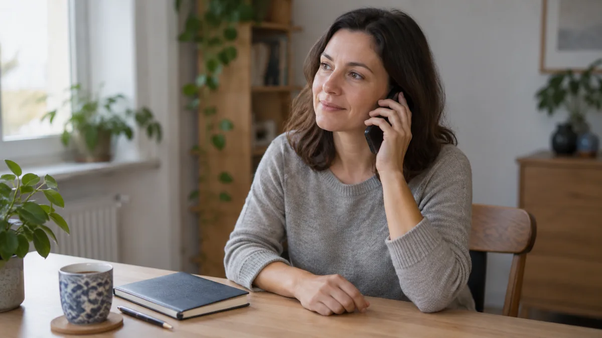 Žena telefonuje u domácího pracovního stolu