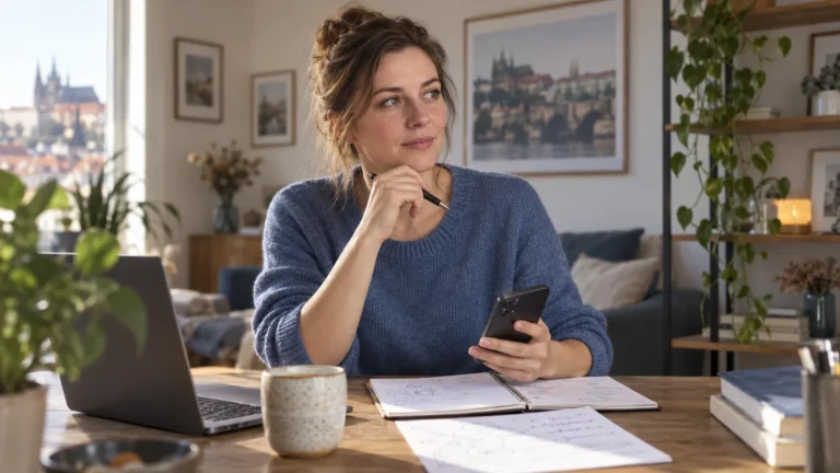 Žena se připravuje na důležitý telefonát s poznámkami a klidným pracovním stolem
