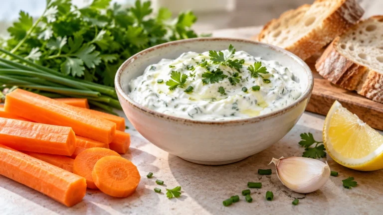 Miska bílého jogurtového dipu s bylinkami, vedle mrkev, pečivo, citron a česnek.