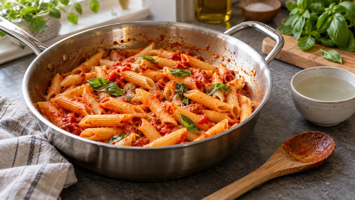 Penne s rajčatovou omáčkou v pánvi vedle vody z vaření