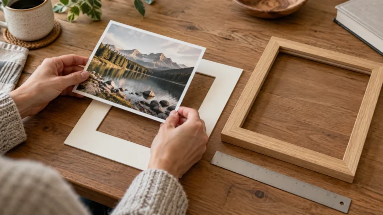 Ruce porovnávají fotografický tisk, světlou paspartu a dřevěný rám na stole.