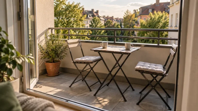 Ilustrativní pohled na malý balkon se dvěma skládacími židlemi a stolkem