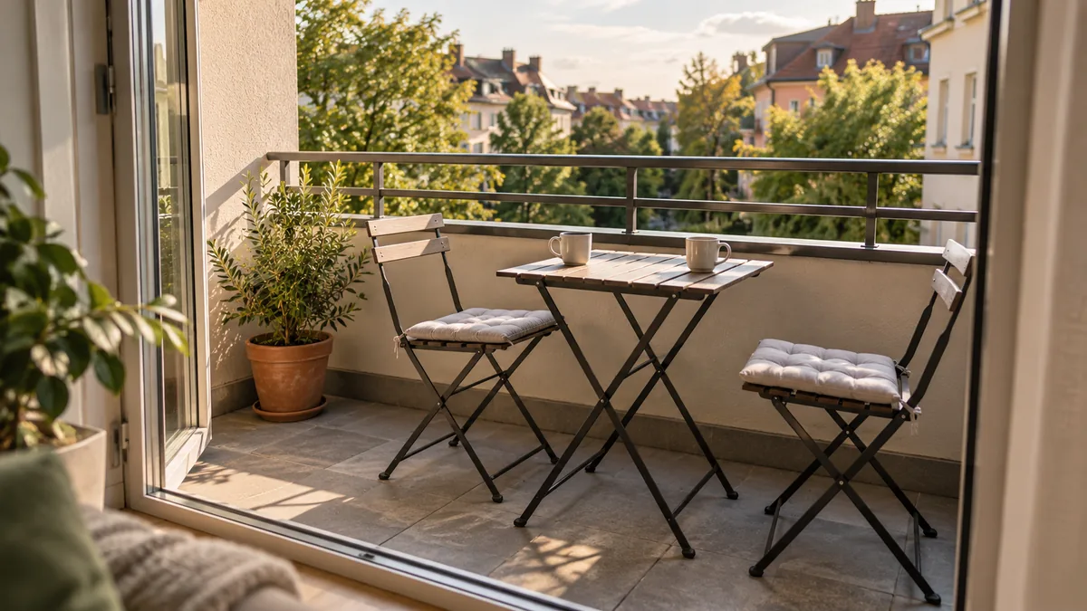 Ilustrativní pohled na malý balkon se dvěma skládacími židlemi a stolkem