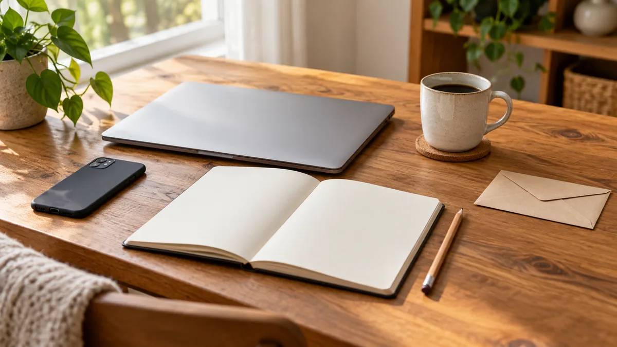 Prázdný zápisník, zavřený notebook a telefon na domácím stole