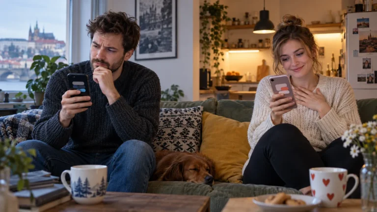 Dva lidé si vyjasňují nedorozumění vzniklé při psaní textových zpráv v telefonu