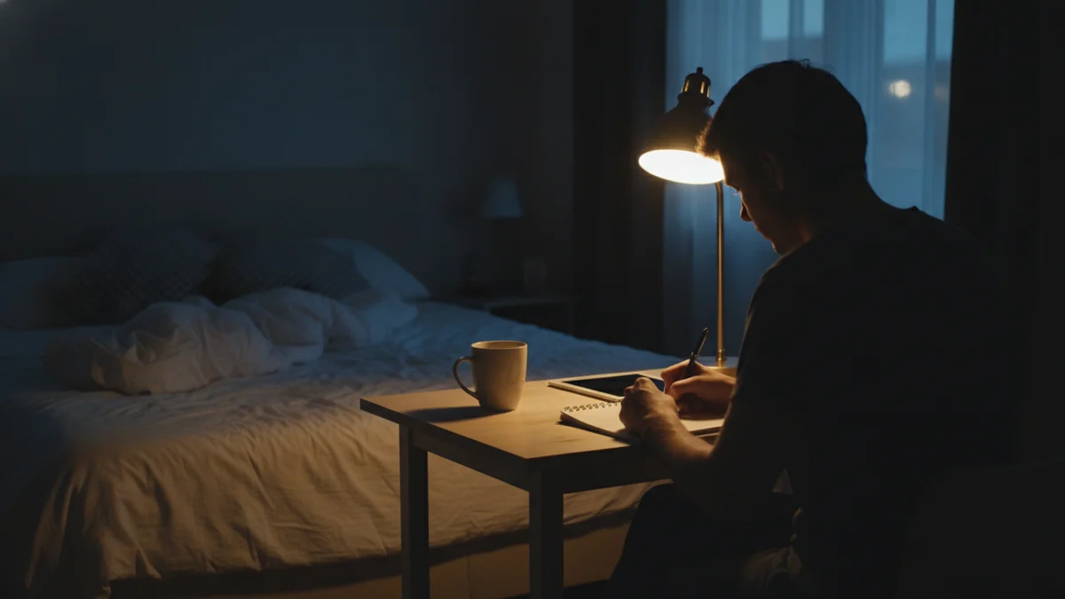 Člověk zezadu píše v noci u lampy do sešitu