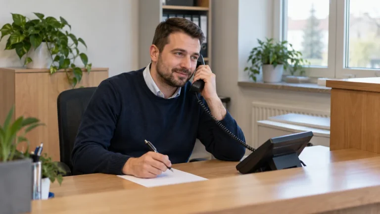 Pracovník recepce telefonuje a připravuje si poznámku
