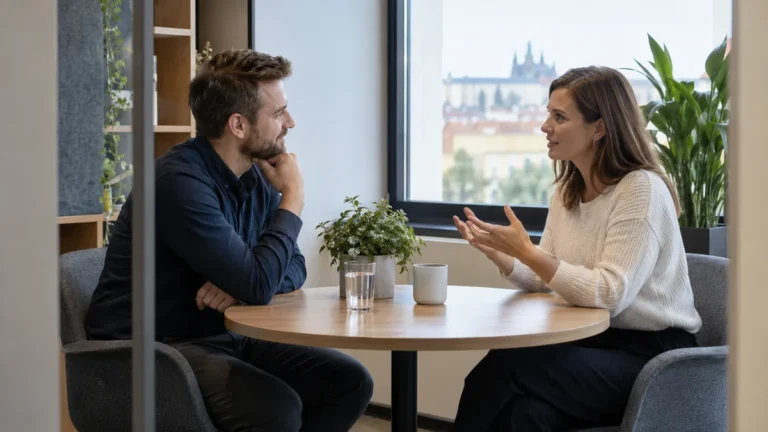Dva kolegové při krátké pracovní konzultaci