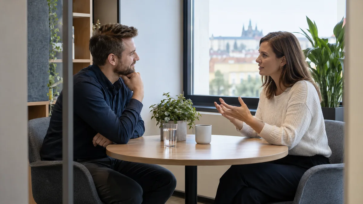 Dva kolegové při krátké pracovní konzultaci