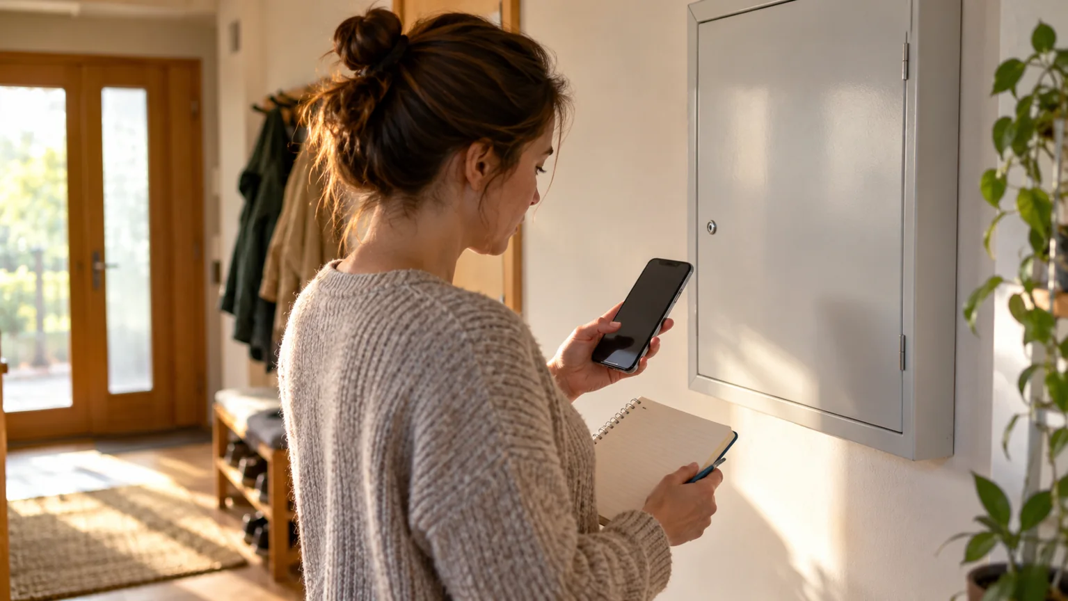 Žena s telefonem a zápisníkem vedle zavřené skříně elektroměru