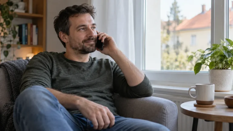 Muž při telefonátu u okna v domácím prostředí